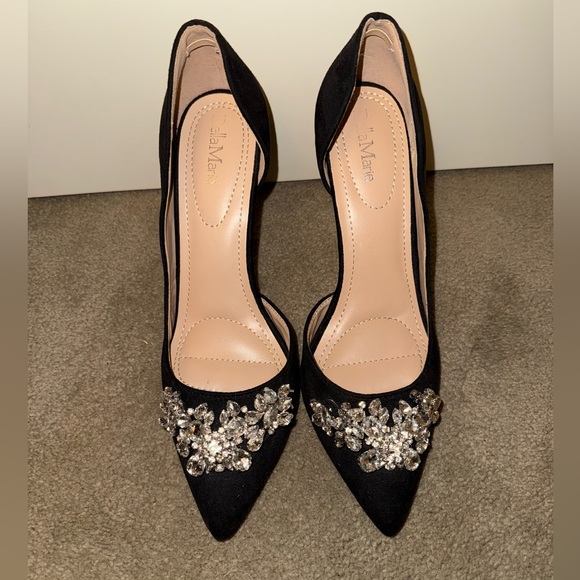 Bella Marie Black Vegan Faux Suede Stiletto Heels with Crystal Details Size 10 - Picture 3 of 8